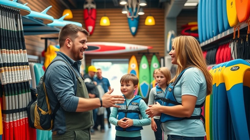 Gear shop for water sports Bend Oregon, bright displays of paddleboards, life jackets, and wetsuits, helpful staff assisting family, colorful interior