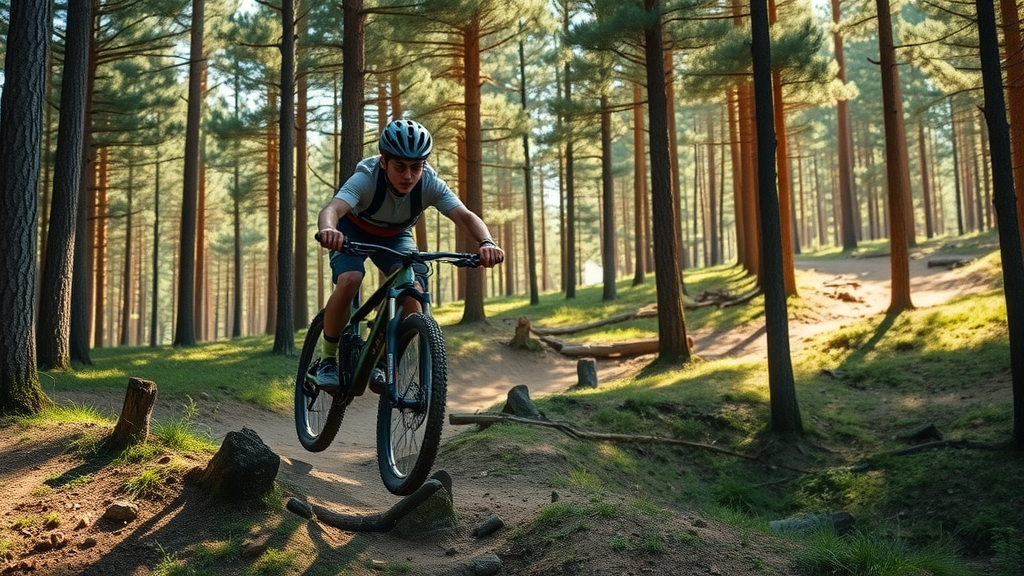 Dynamic mountain biker navigating a technical section of Whoops Trail, dense pine forest, rolling terrain and jumps