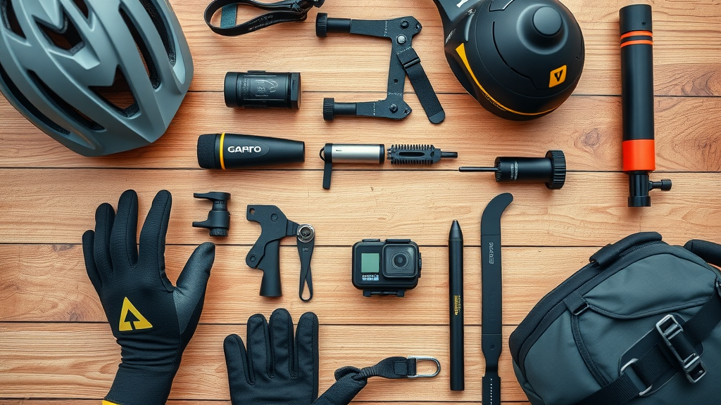 Well-organized mountain biking gear including helmet, gloves, hydration pack, and tools for Bend Oregon mountain biking