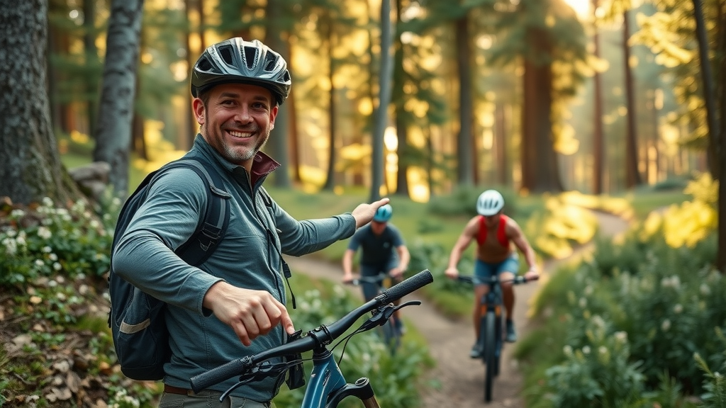 Knowledgeable mountain bike guide pointing out secret trail entrance to riders, lush forest with wildflowers in Bend Oregon