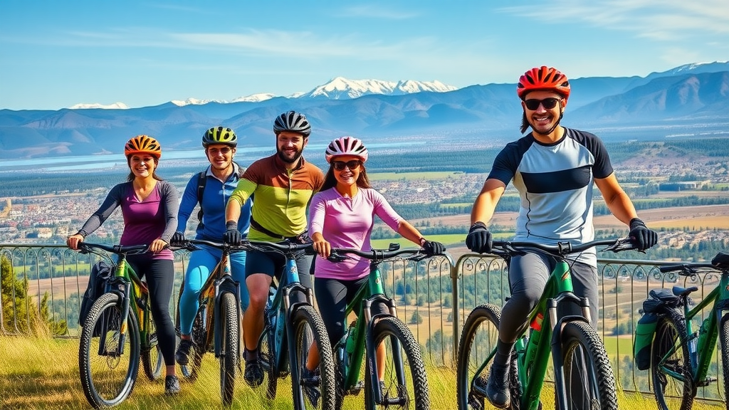 Confident group of mountain bikers resting at a scenic overlook with Bend city and mountains in the background