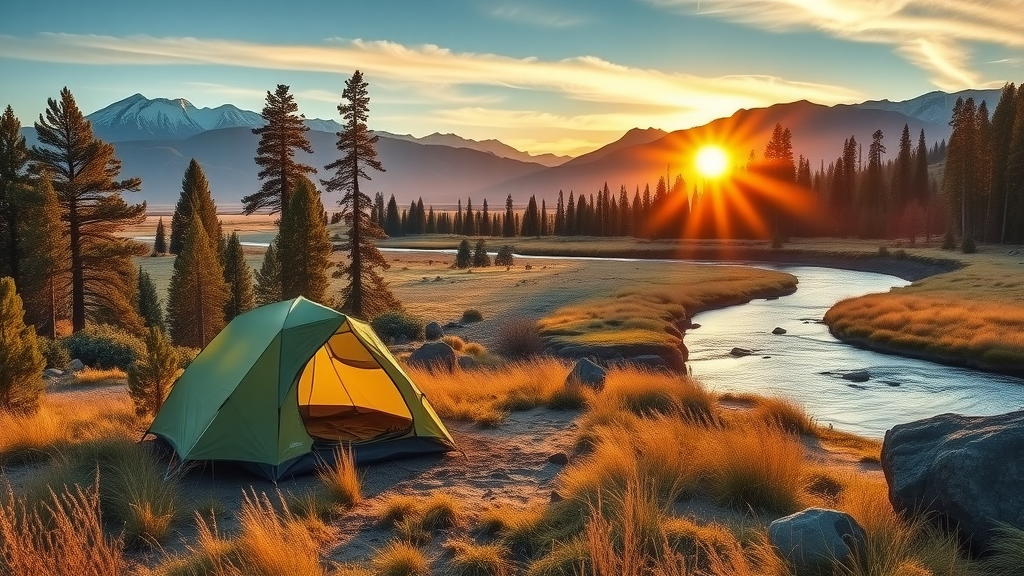 camping near bend oregon high desert sunrise with tent among ponderosa pines, Deschutes River and Cascade Mountains background, peaceful mood