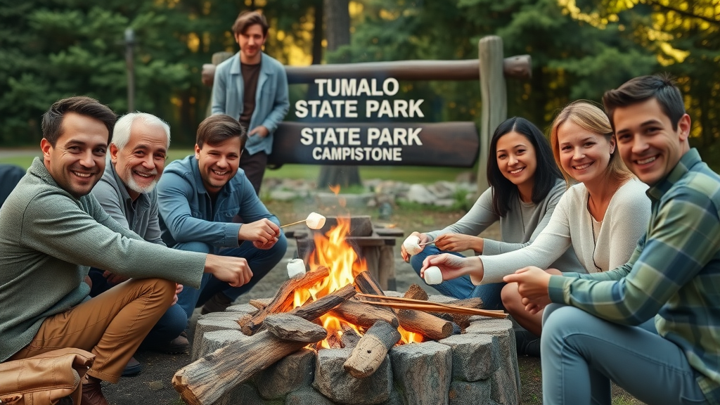 family-friendly campsite near Tumalo State Park Bend Oregon, people gathering at campfire, lush trees, visible camping gear