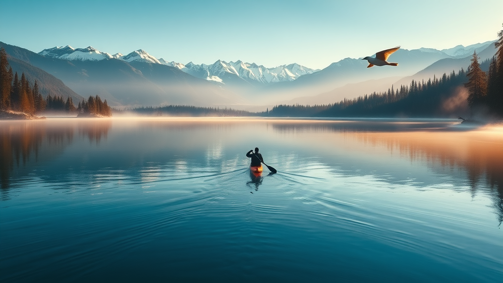 cascade lake near bend oregon reflecting snow-capped peaks at dawn, paddleboarder, tranquil atmosphere, tall pines