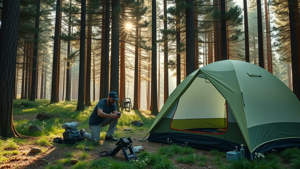 serene forest campsite along cascade lakes scenic byway near bend oregon, person setting up tent among pines, wildflowers and filtered sunlight