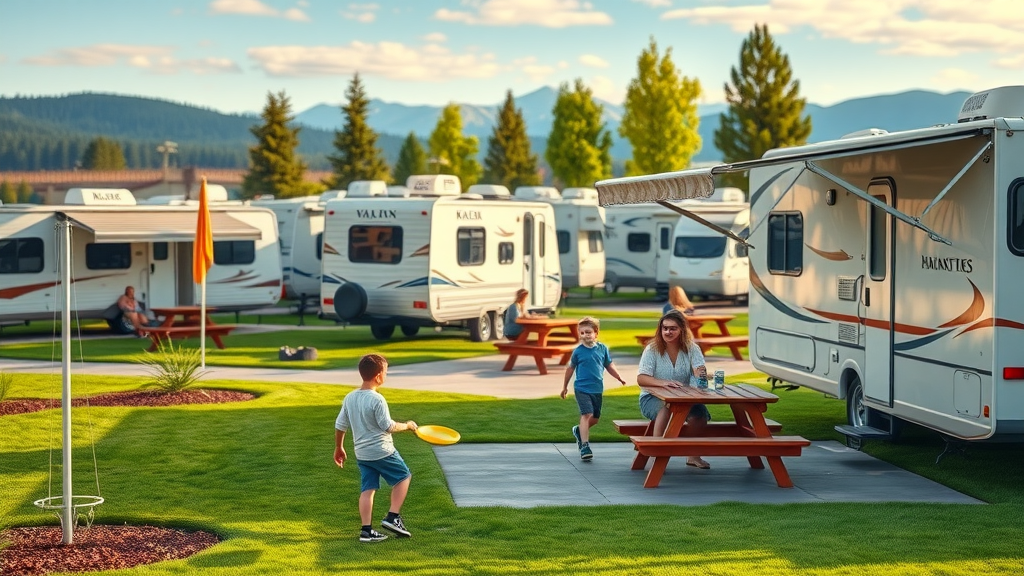 rv park near bend oregon, several rvs, picnic tables, green lawn, cascade mountains background, families relaxing