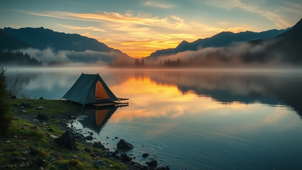 secluded tent camping at hidden lake near bend oregon, dramatic mountain backdrop, sunset reflection, peaceful scenery