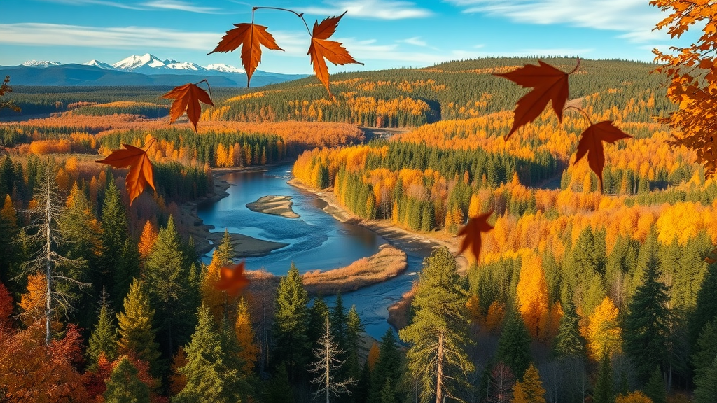 fall foliage Central Oregon, vibrant autumn near lake, snow-capped Cascade Range, crisp outdoor camping weather