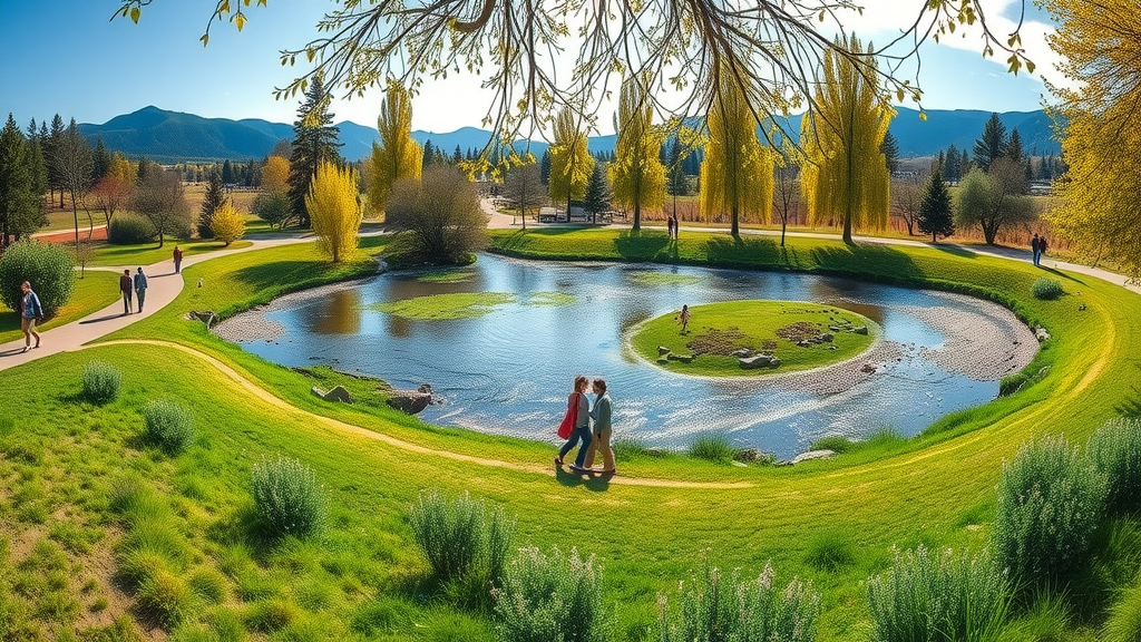Inviting panoramic view of a vibrant Bend, Oregon park, serene atmosphere, people walking and relaxing by a gently curving river with wildflowers and mountain vistas.