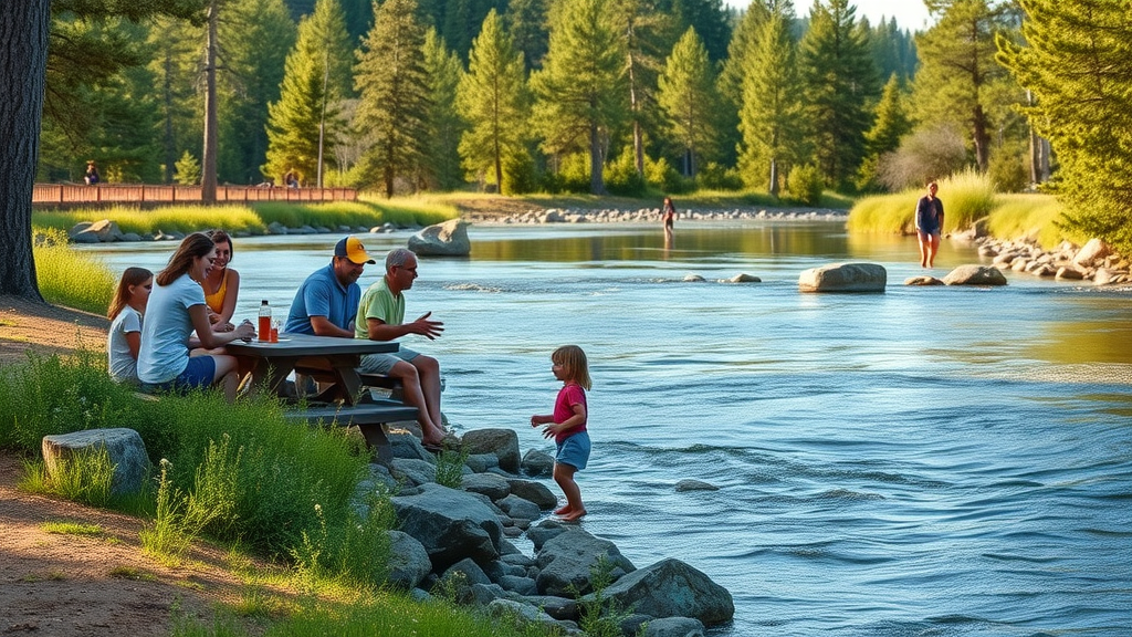 Tranquil riverside scene at Tumalo State Park with families picnicking and children playing by the water.