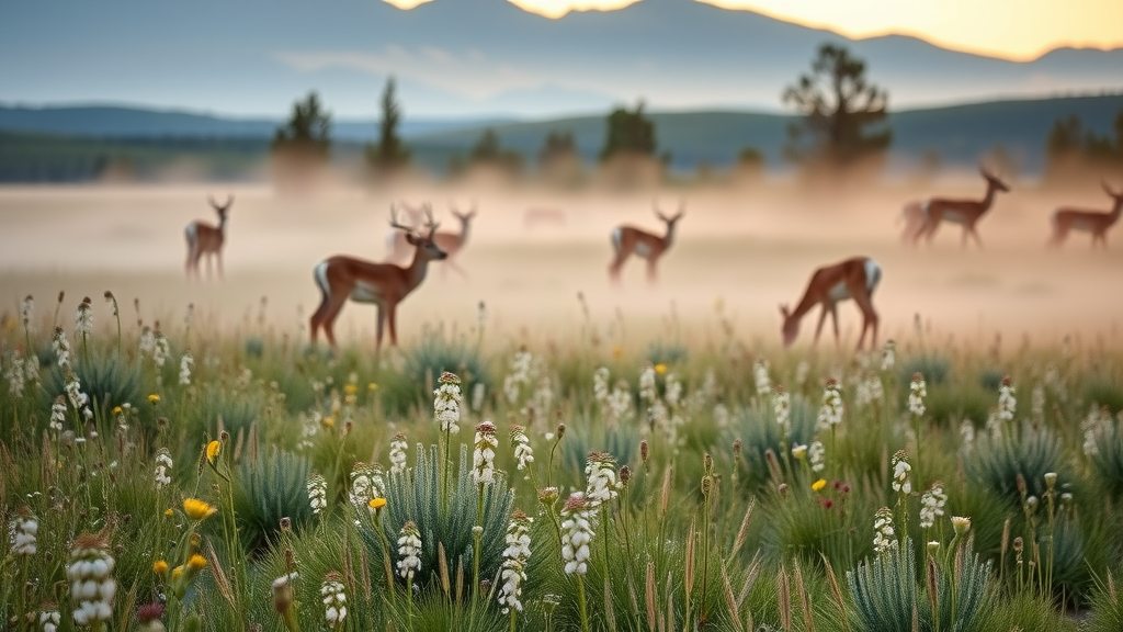 Peaceful wildflower meadow at Riley Ranch with deer grazing and soft morning mist.