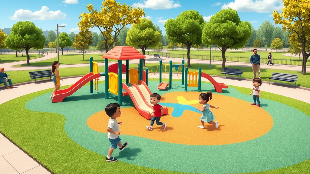 Spacious modern playground in a Bend park, children laughing and climbing with parents supervising.