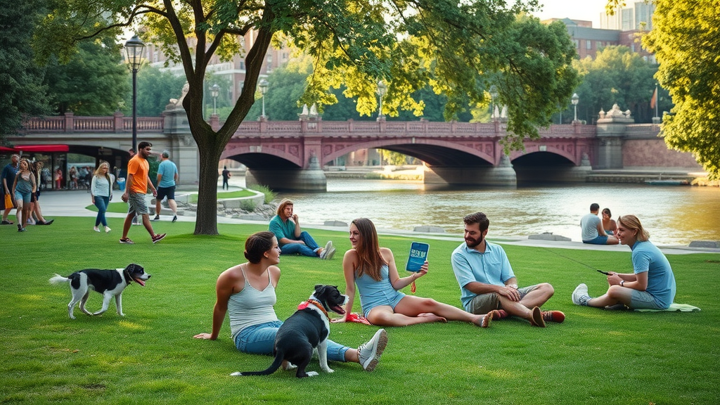 Lively city park scene in Drake Park with people relaxing on the grass by the river, iconic bridge in the background.