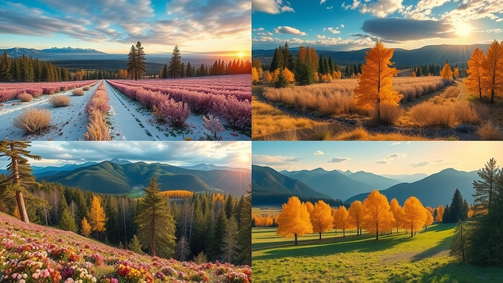 Breathtaking four-seasons collage of Bend Oregon landscapes with winter snow, spring flowers, summer picnics, autumn leaves.