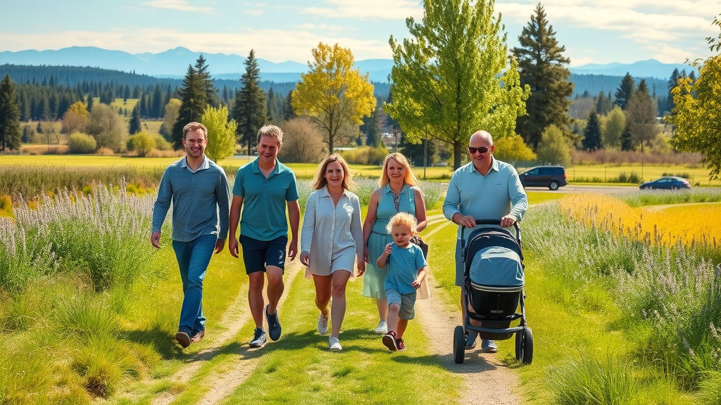 Family recreation Bend Oregon: Multigenerational family exploring park trails with lush greenery and Cascade Mountains in the background