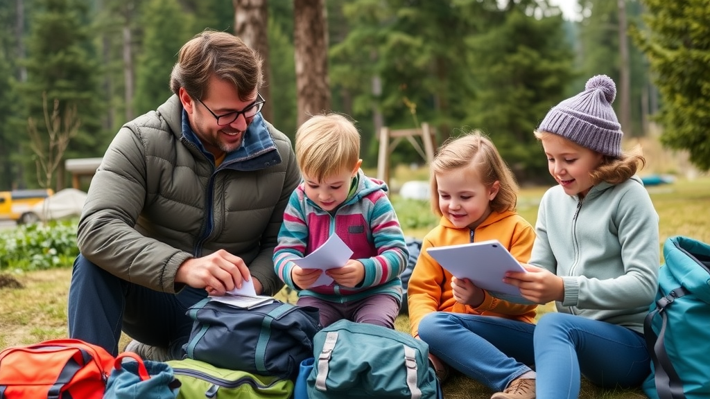 Bend family preparing for outdoor adventure: Parents and kids packing gear, layering clothing and using checklists