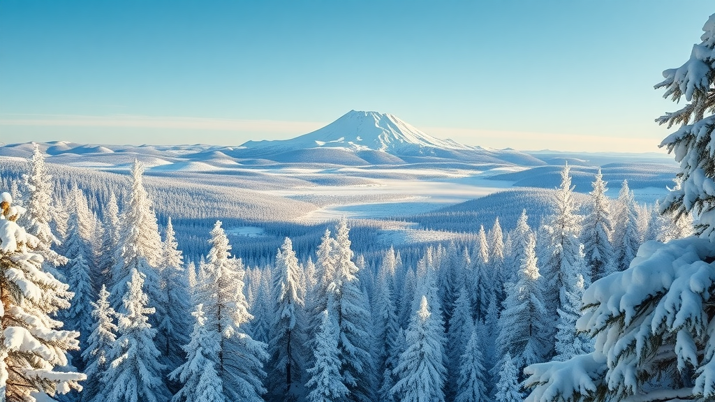 Stunning winter landscape showcasing winter sports Bend Oregon, snow-covered Cascade Mountains, Mt. Bachelor in distance, morning sunlight over frosted pine forests