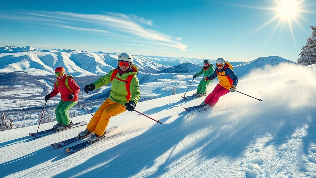 Energetic group of skiers and snowboarders on Mt. Bachelor, winter sports Bend Oregon, carving down well-groomed run, panoramic mountain view, powder spray action