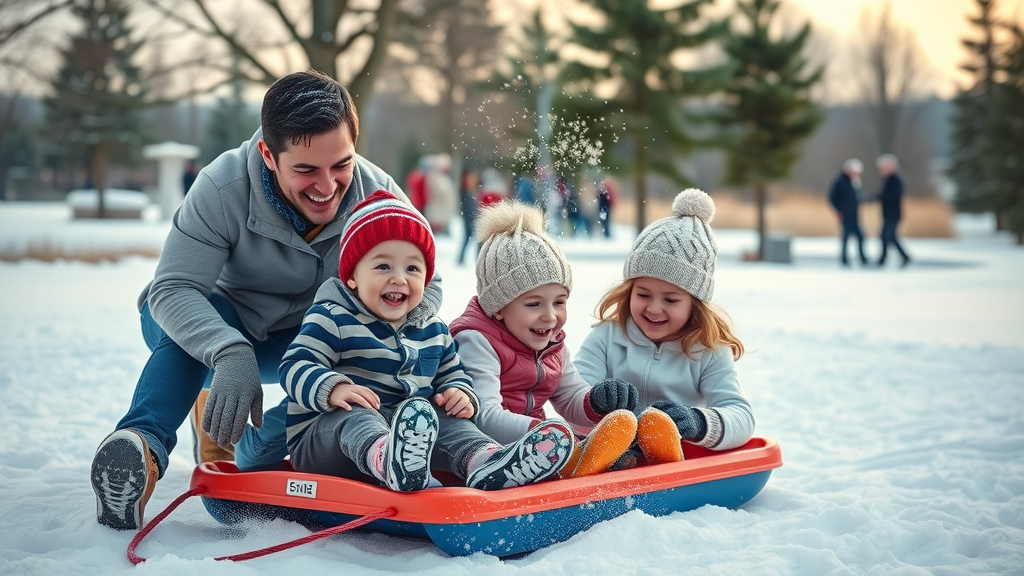 Family sledding with cheering parents, Bend Park and Recreation District, beginner winter sports Bend Oregon, kids learning on snow-covered urban park