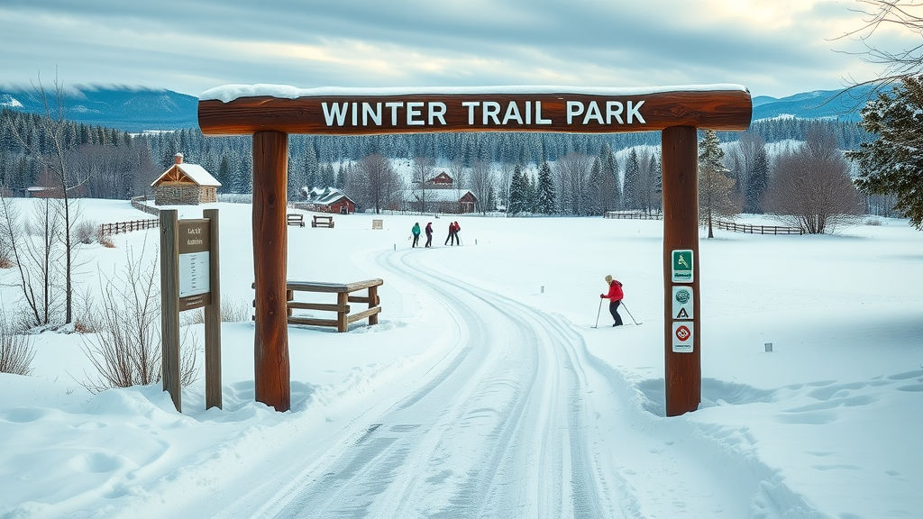 Well-marked winter trail entrance, Bend Park and Recreation District, snow-blanketed park, skiers in distance, Cascade Mountains, Central Oregon