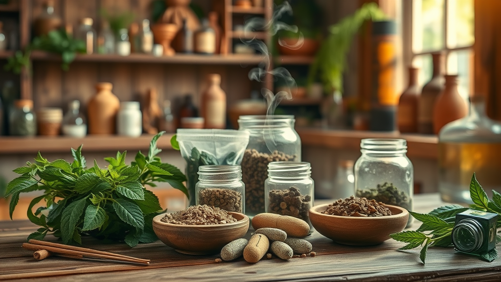 healing herbs and natural supplements arranged on a rustic wooden table, representing natural healing methods