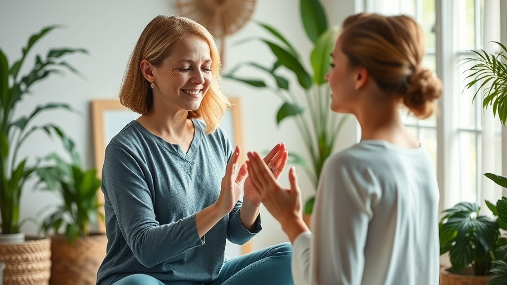 holistic wellness practitioner guiding client in meditation surrounded by tranquil studio and plants, symbolizing holistic healing