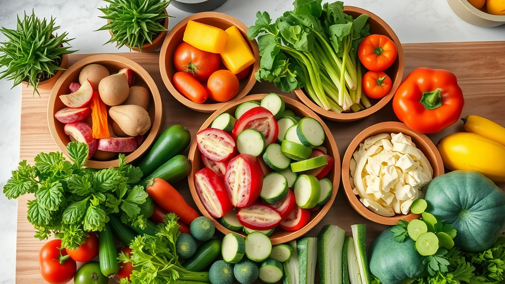 fresh vibrant ingredients and supplements on a kitchen countertop for healthy meal preparation, symbolizing food as healing in natural healing methods