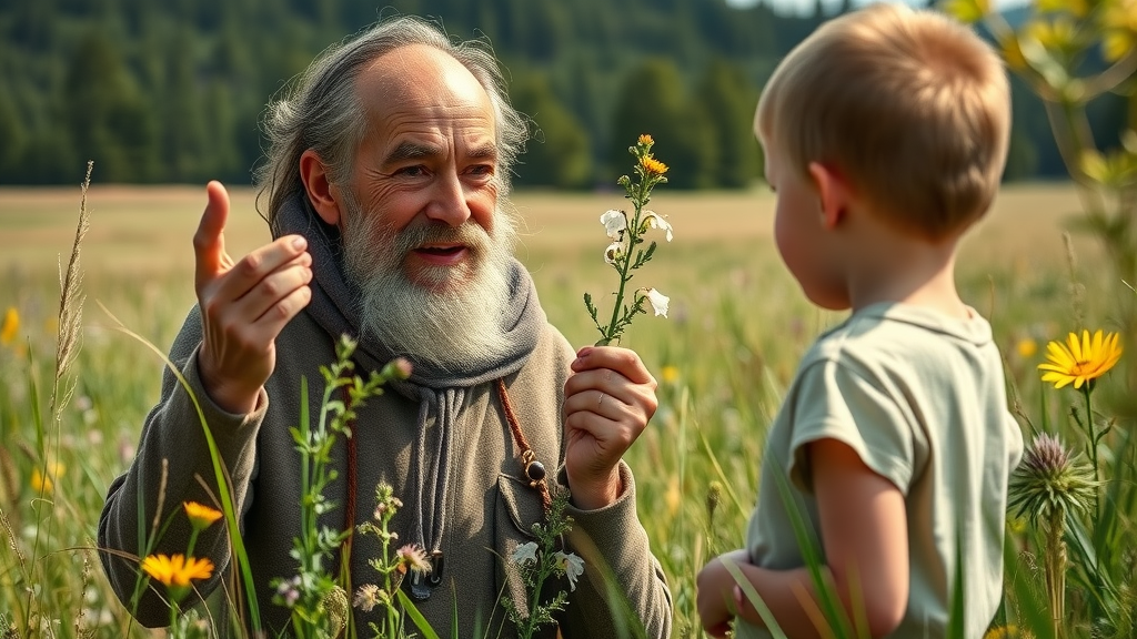 indigenous herbalist teaching plant identification in a wildflower meadow, highlighting native medicine in natural healing methods