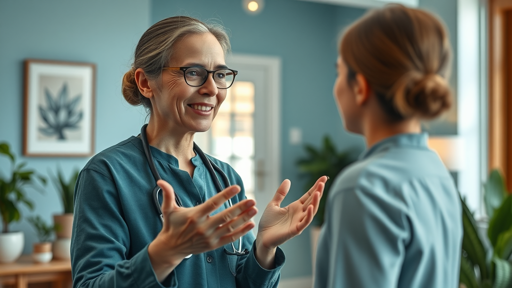 wellness practitioner welcoming a client to a holistic clinic, emphasizing trustworthy natural healing methods