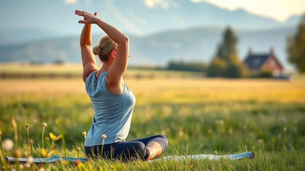 Serene mature woman practicing yoga outdoors, mind-body wellness in Central Oregon with Cascade Mountains in the background, gentle breeze and soft natural light.