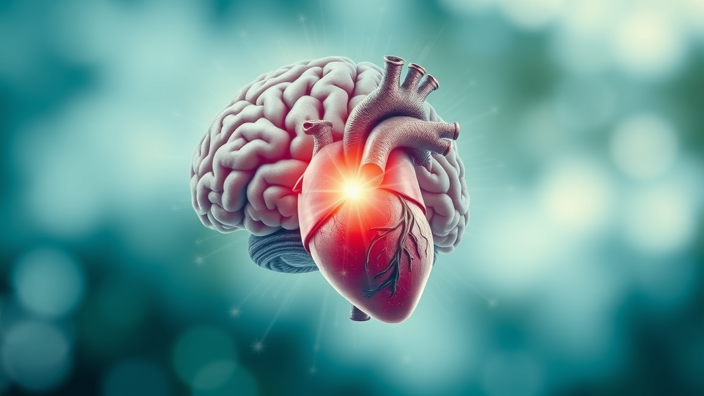 Dynamic collage of brain and heart connected for mind-body wellness, radiating harmonious energy in calming colors, abstract background.