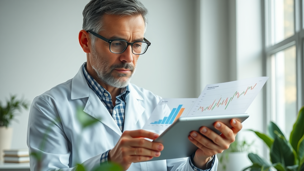 Middle-aged scientist analyzing wellness data digitally in a lifelike research lab, highlighting mental health and body wellness connections.