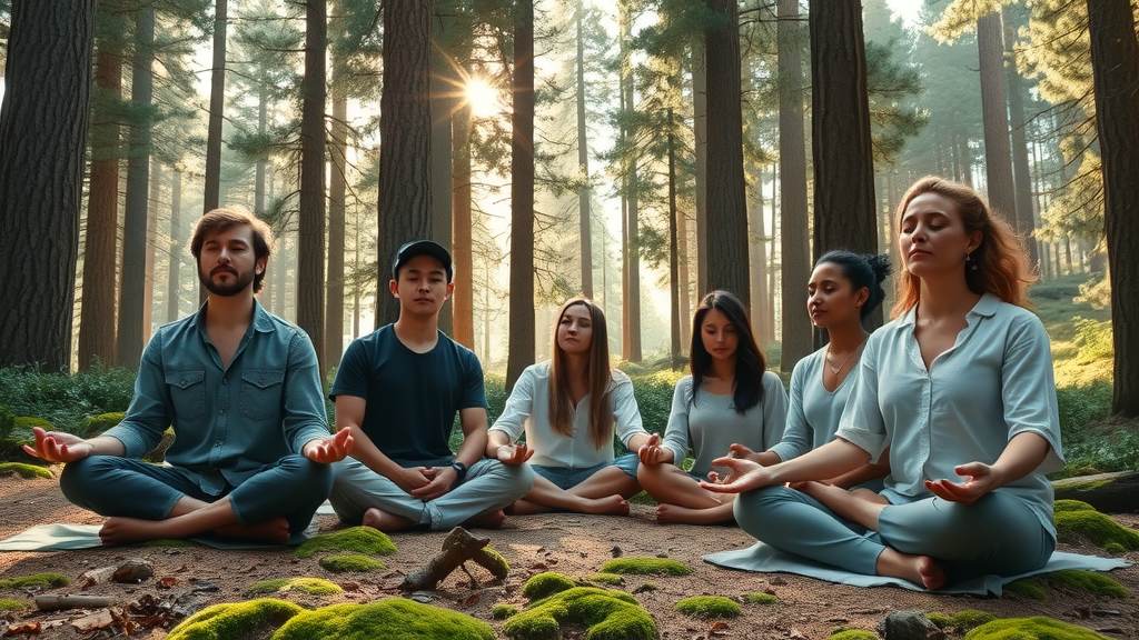 Multi-ethnic group of adults meditating together in a tranquil Central Oregon forest for mind and body wellness, soft forest greens and natural light.