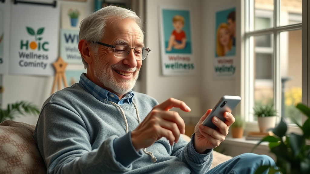 Friendly older adult using smartphone for social media wellness community, cozy home setting, gentle lighting, books, and wellness posters, representing digital wellness connections.