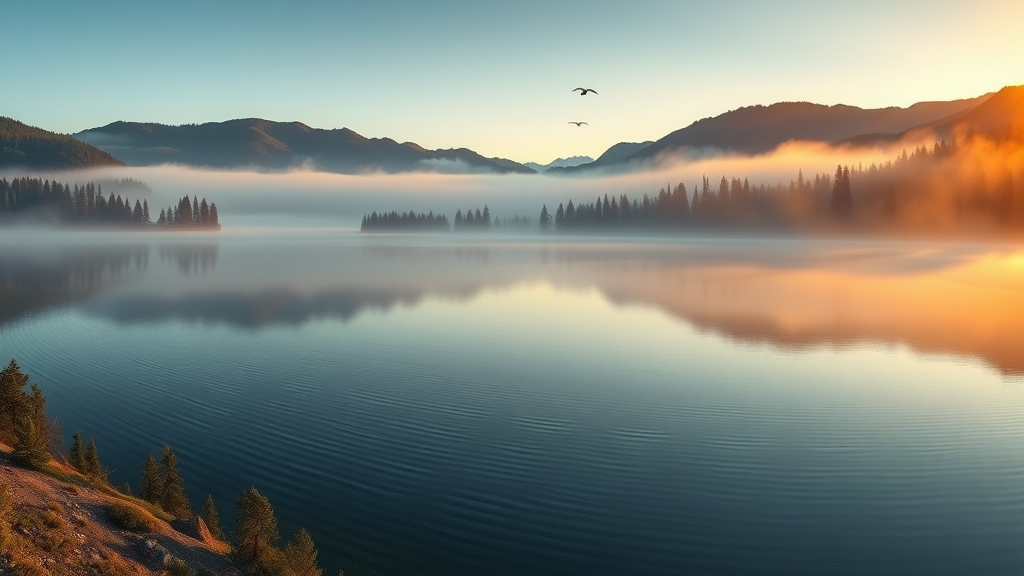 Peaceful Central Oregon landscape at sunrise, representing mind and body wellness, with pastel hues, mist, and mountain views.