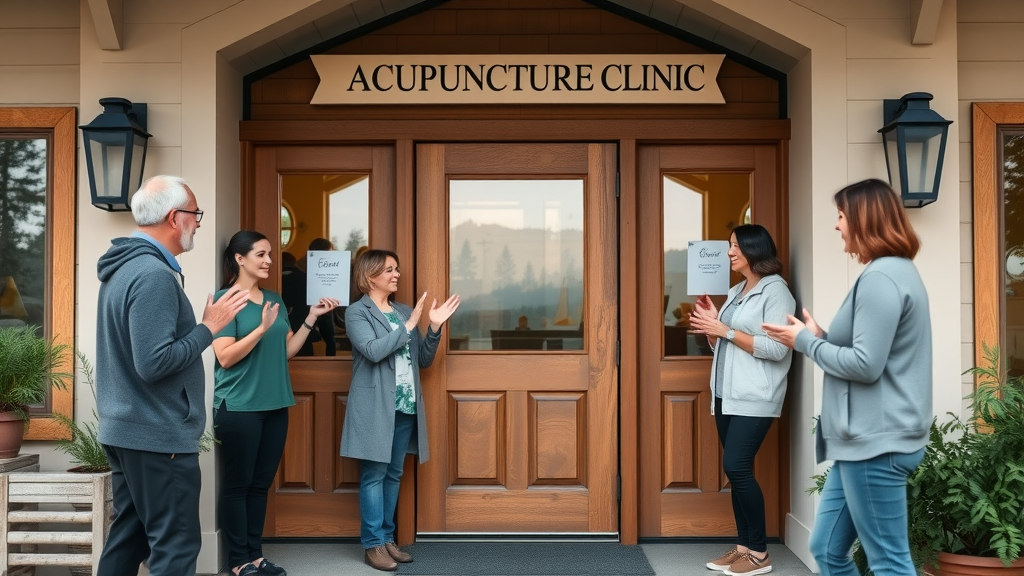 acupuncture central oregon clinic exterior with welcoming staff, pine trees, and mountain background