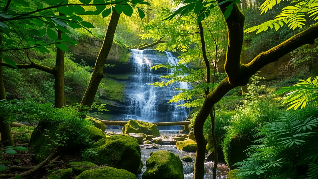 verdant Oregon forest, herbal medicine Oregon, local herbalist foraging native plants, lush green woodland background, waterfalls, mossy stones, sunlight