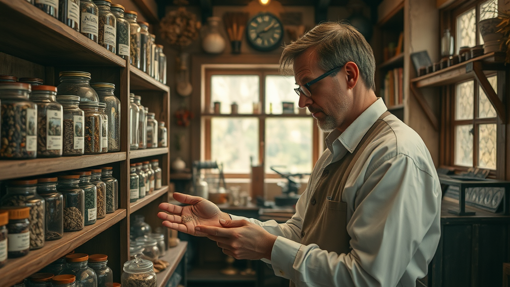 historic herbal apothecary, herbal medicine Oregon, practitioner arranging dried herbs, old-world clinic interior, glass jars and antique tools, sepia tones