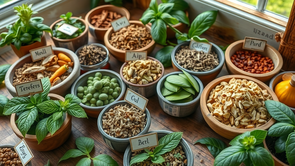 diverse Oregon herbal remedies, herbal medicine Oregon, herbs in bowls on rustic wooden table, dried and fresh botanicals