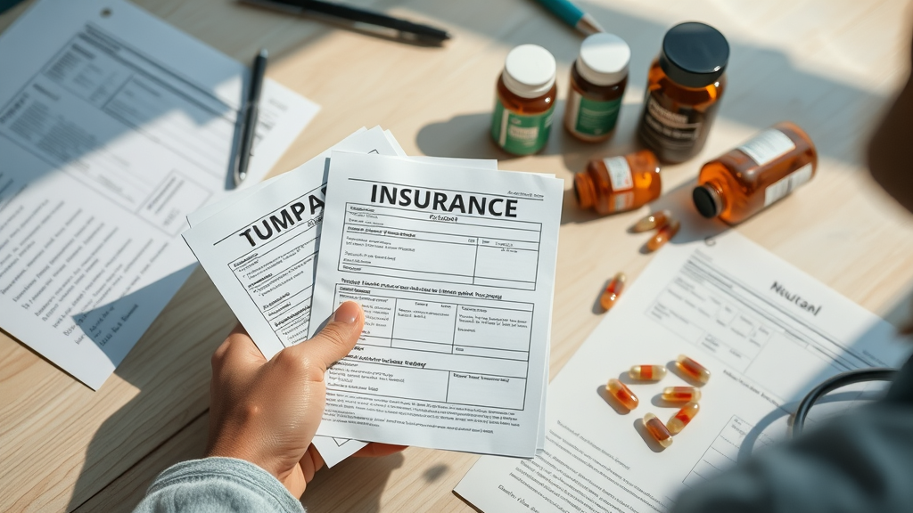 organized paperwork, insurance cards, herbal medicine Oregon, patient holding insurance forms next to herbal bottles, tidy desk