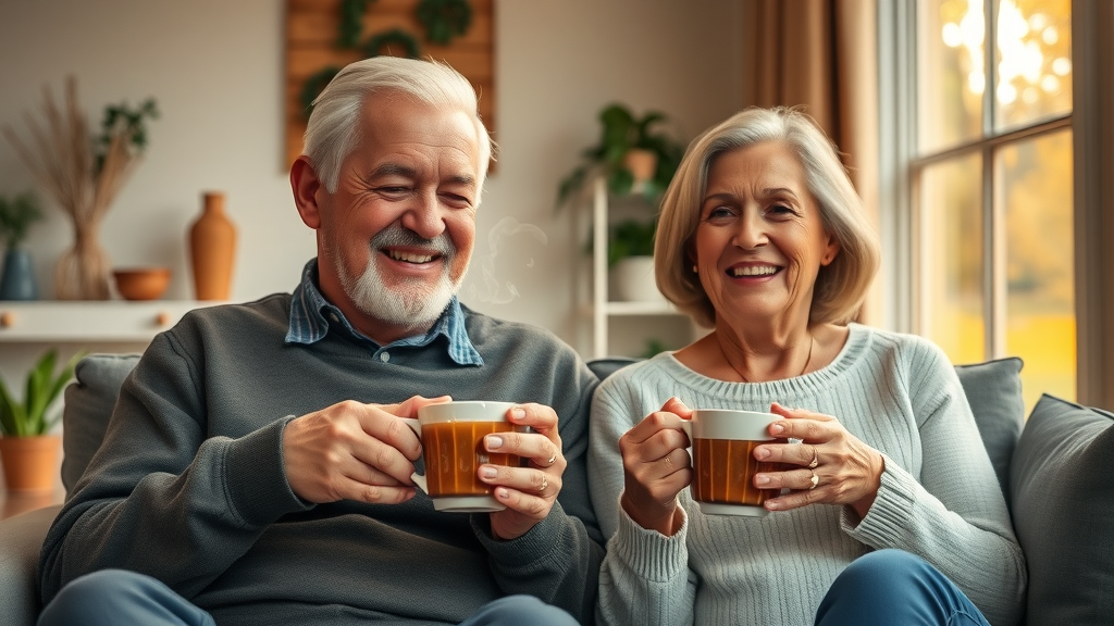 happy senior couple, herbal medicine Oregon, enjoying herbal tea in a cozy home, plant decor, golden hour lighting
