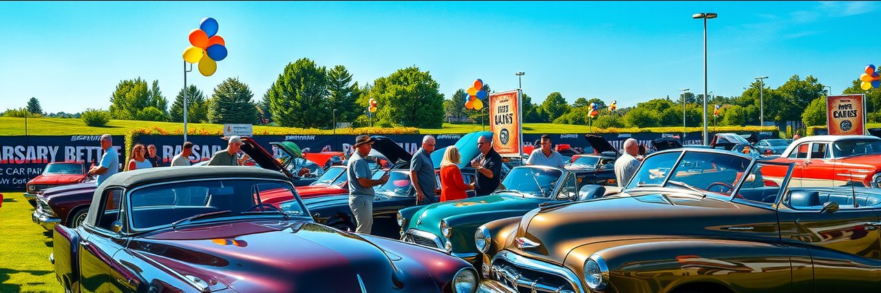 Car show and anniversary celebration Bend Oregon with classic cars and festive crowd.