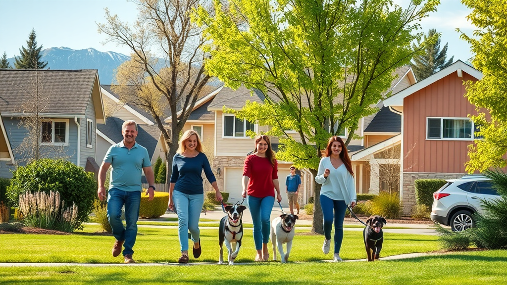 Sunny modern Central Oregon neighborhood with families walking and lush green scenery in spring, best time to sell your home in Central Oregon