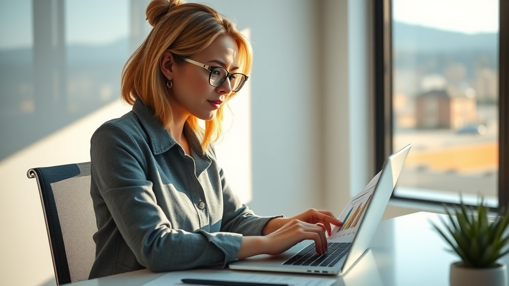 Modern businesswoman analyzing Central Oregon real estate data on laptop with market charts, months to sell a home in Central Oregon