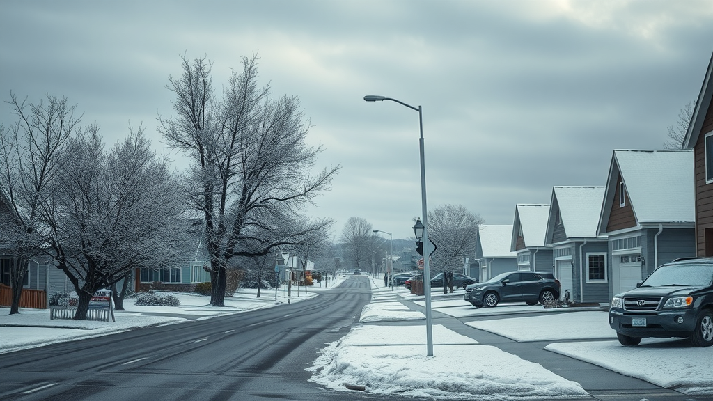 Snowy Central Oregon neighborhood in winter with