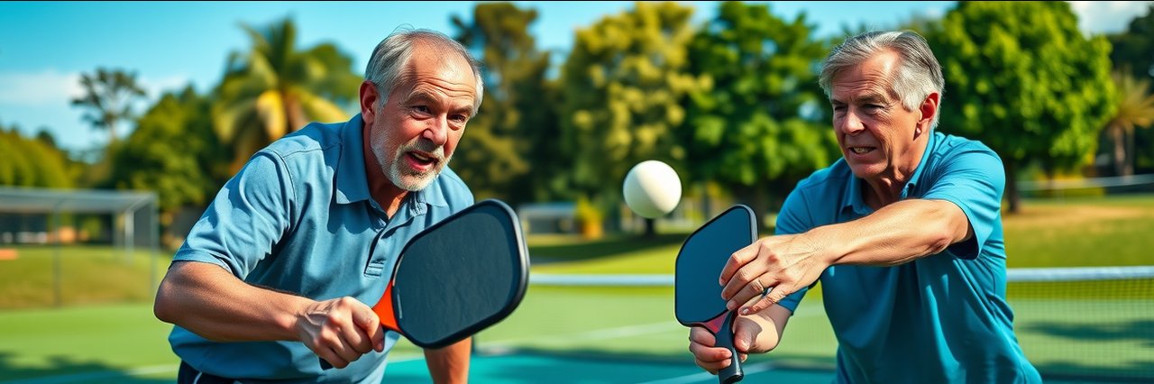 Middle-aged players playing pickleball on a vibrant outdoor court in summer.