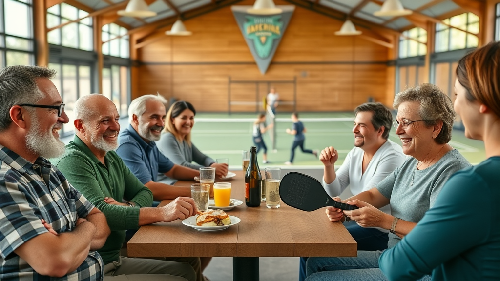Group enjoying pickleball and food at Ballers &amp; Brews grand opening in Bend
