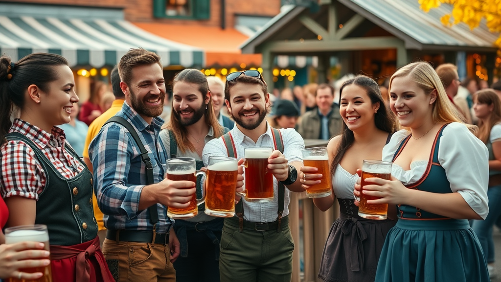 Friends in Bavarian dress enjoy stein holding contest at Bend Oktoberfest 2025 downtown