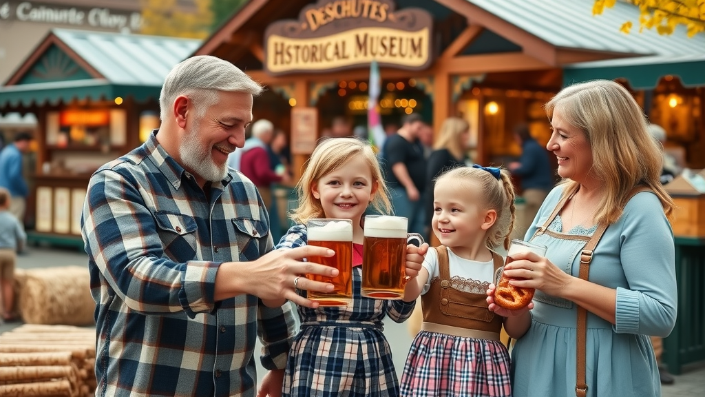 Family in Bavarian outfits enjoying pretzels and root beer at Bend Oktoberfest 2025
